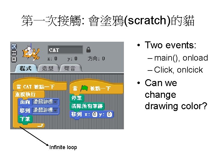 第一次接觸: 會塗鴉(scratch)的貓 • Two events: – main(), onload – Click, onlcick • Can we 第一次接觸: 會塗鴉(scratch)的貓 • Two events: – main(), onload – Click, onlcick • Can we