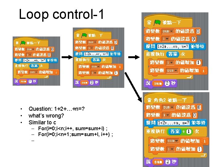 Loop control-1 • • • Question: 1+2+…+n=? what’s wrong? Similar to c – For(i=0; Loop control-1 • • • Question: 1+2+…+n=? what’s wrong? Similar to c – For(i=0;
