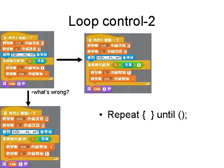 Loop control-2 • what’s wrong? • Repeat { } until (); Loop control-2 • what’s wrong? • Repeat { } until ();