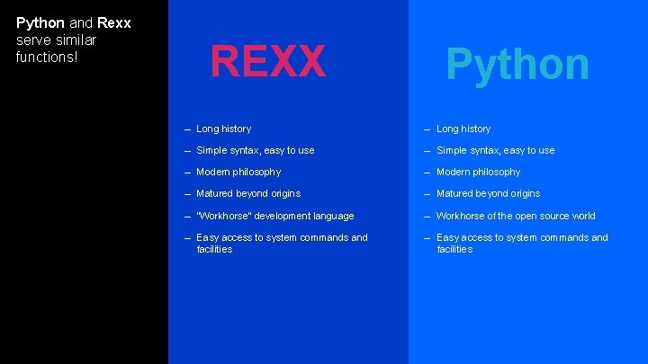 Python and Rexx serve similar functions! REXX Python – Long history – Simple syntax, Python and Rexx serve similar functions! REXX Python – Long history – Simple syntax,