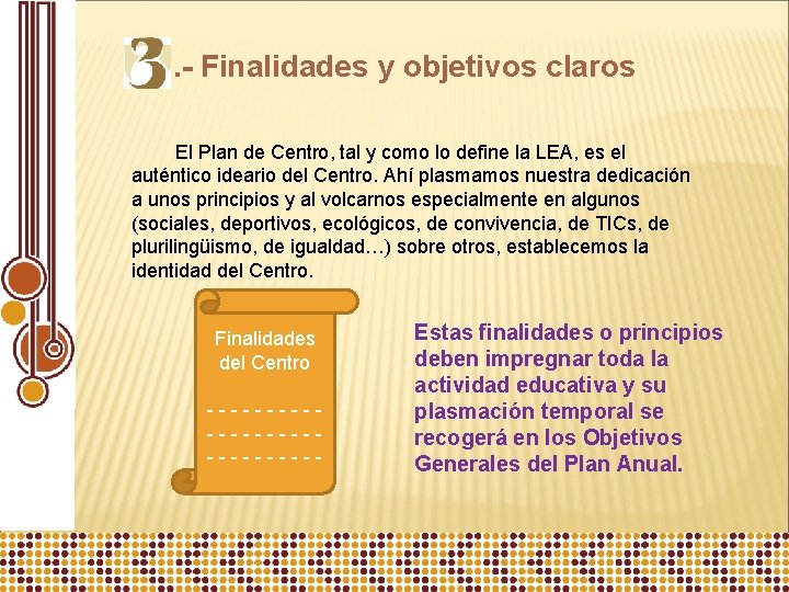 . - Finalidades y objetivos claros El Plan de Centro, tal y como lo