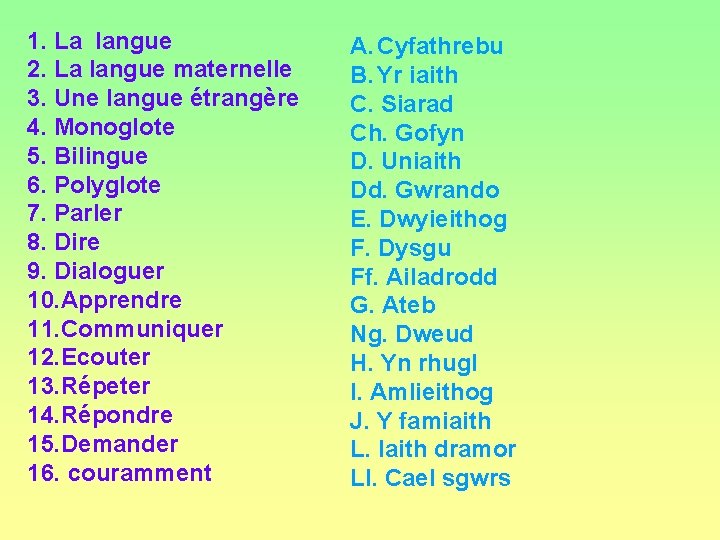 1. La langue 2. La langue maternelle 3. Une langue étrangère 4. Monoglote 5.