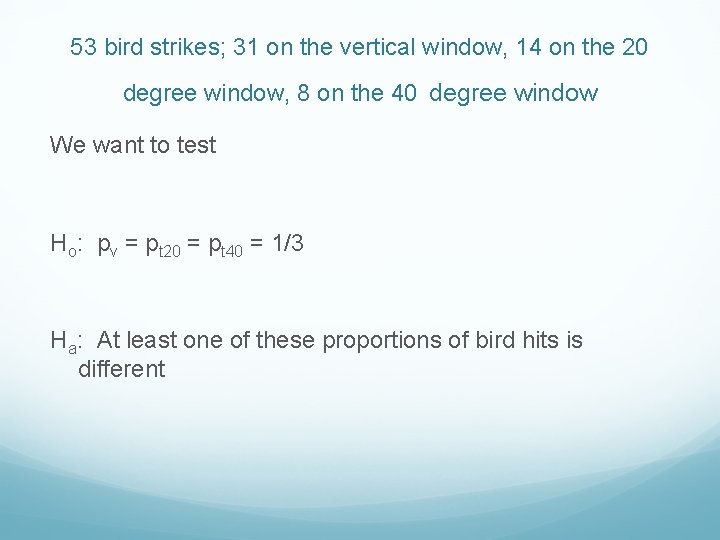 53 bird strikes; 31 on the vertical window, 14 on the 20 degree window,