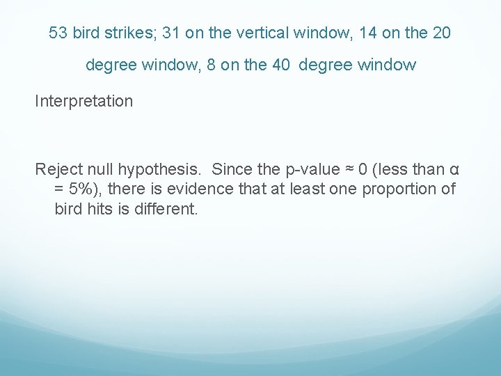 53 bird strikes; 31 on the vertical window, 14 on the 20 degree window,