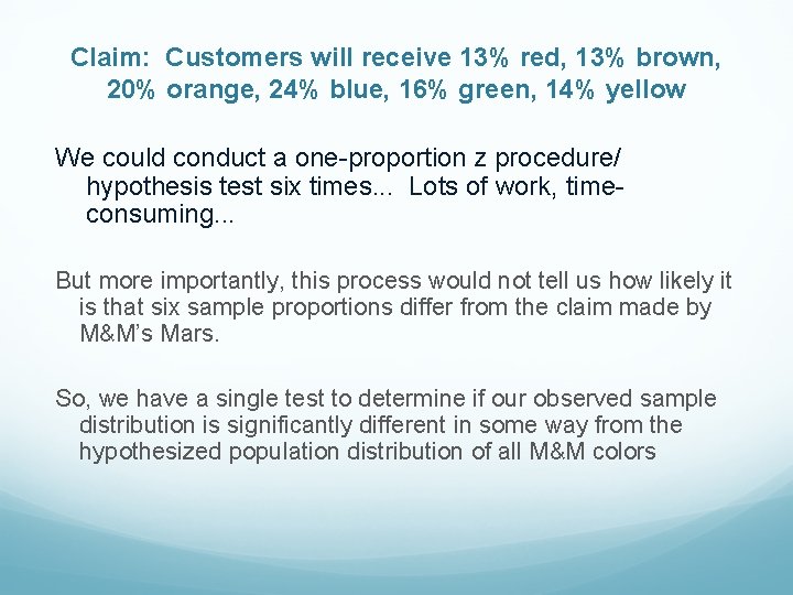 Claim: Customers will receive 13% red, 13% brown, 20% orange, 24% blue, 16% green,