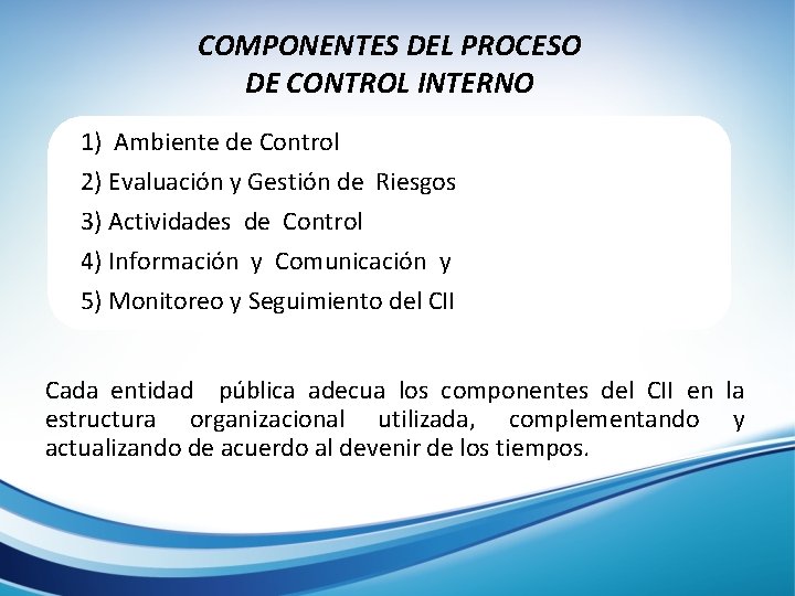 COMPONENTES DEL PROCESO DE CONTROL INTERNO 1) Ambiente de Control 2) Evaluación y Gestión