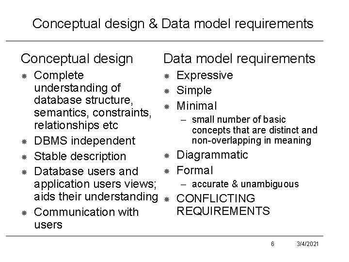 Conceptual design & Data model requirements Conceptual design Complete understanding of database structure, semantics, Conceptual design & Data model requirements Conceptual design Complete understanding of database structure, semantics,