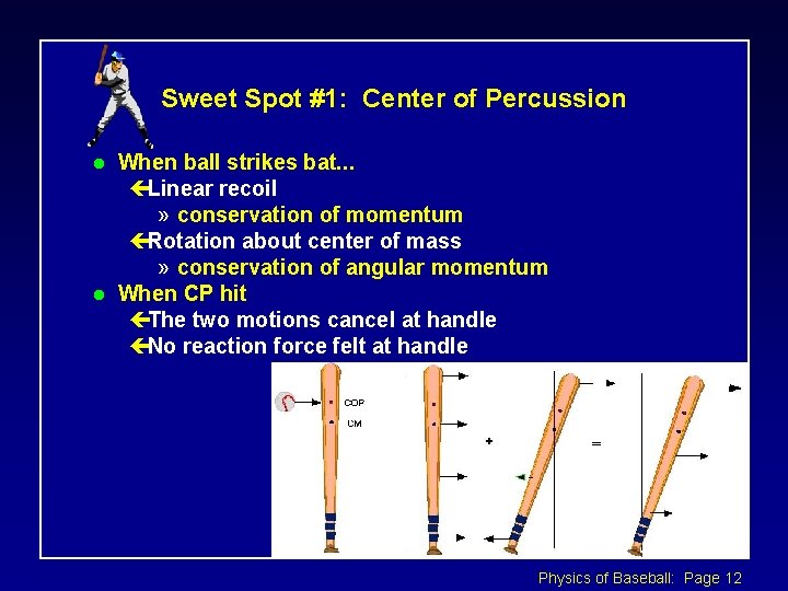 Sweet Spot #1: Center of Percussion l l When ball strikes bat. . .