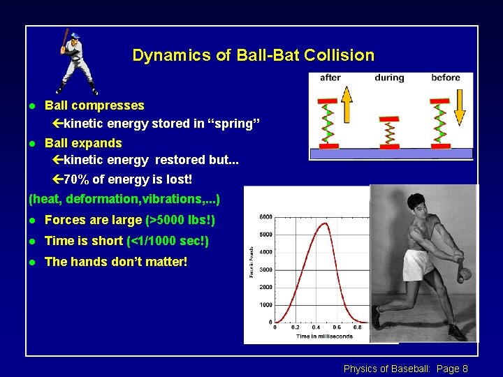 Dynamics of Ball-Bat Collision l Ball compresses çkinetic energy stored in “spring” l Ball