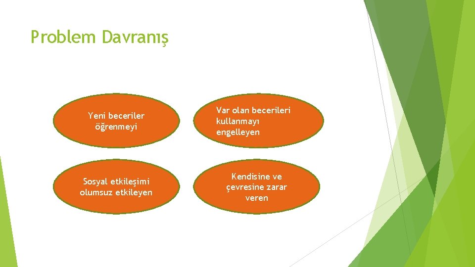 Problem Davranış Yeni beceriler öğrenmeyi Sosyal etkileşimi olumsuz etkileyen Var olan becerileri kullanmayı engelleyen