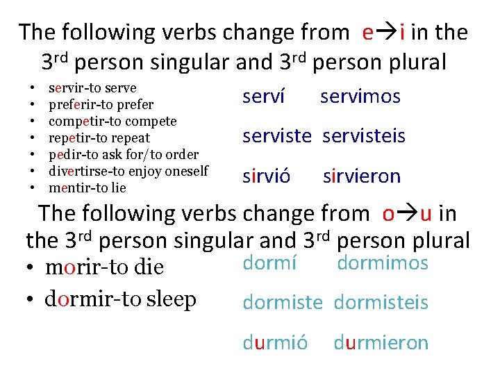 The following verbs change from e i in the 3 rd person singular and