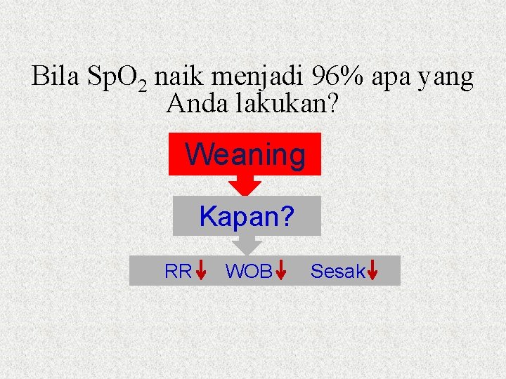 Bila Sp. O 2 naik menjadi 96% apa yang Anda lakukan? Weaning Kapan? RR