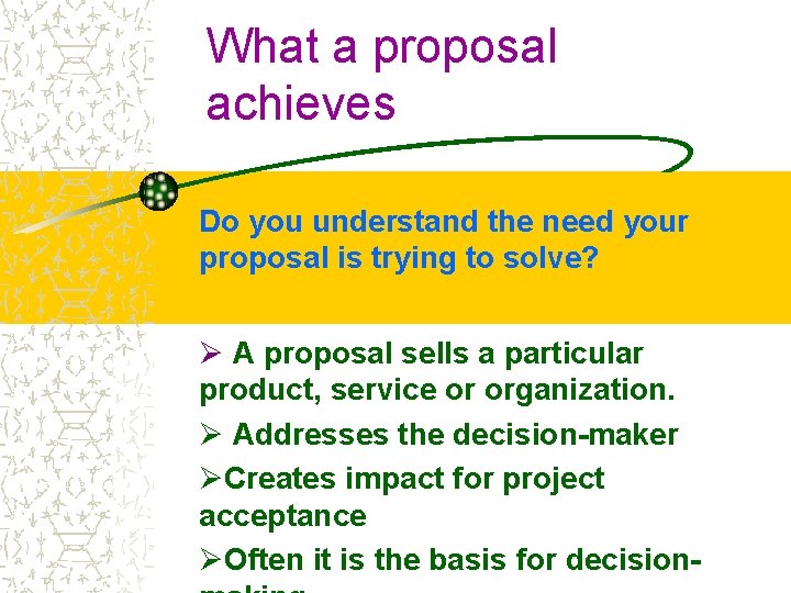 What a proposal achieves Do you understand the need your proposal is trying to