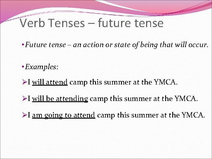 Verb Tenses – future tense • Future tense – an action or state of