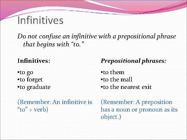 Infinitives Do not confuse an infinitive with a prepositional phrase that begins with “to.