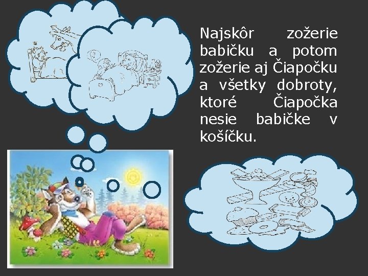 Najskôr zožerie babičku a potom zožerie aj Čiapočku a všetky dobroty, ktoré Čiapočka nesie