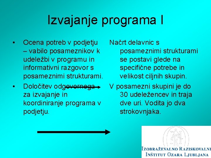 Izvajanje programa I • • Ocena potreb v podjetju Načrt delavnic s – vabilo