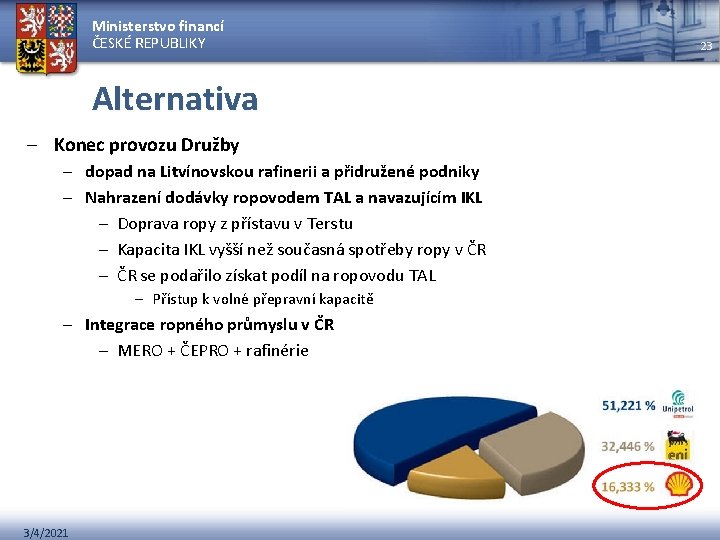 Ministerstvo financí ČESKÉ REPUBLIKY Alternativa – Konec provozu Družby – dopad na Litvínovskou rafinerii