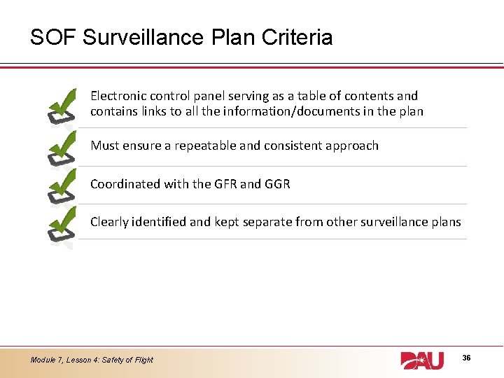 SOF Surveillance Plan Criteria Electronic control panel serving as a table of contents and