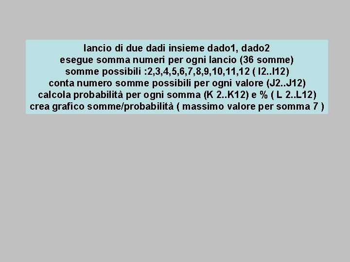 lancio di due dadi insieme dado 1, dado 2 esegue somma numeri per ogni