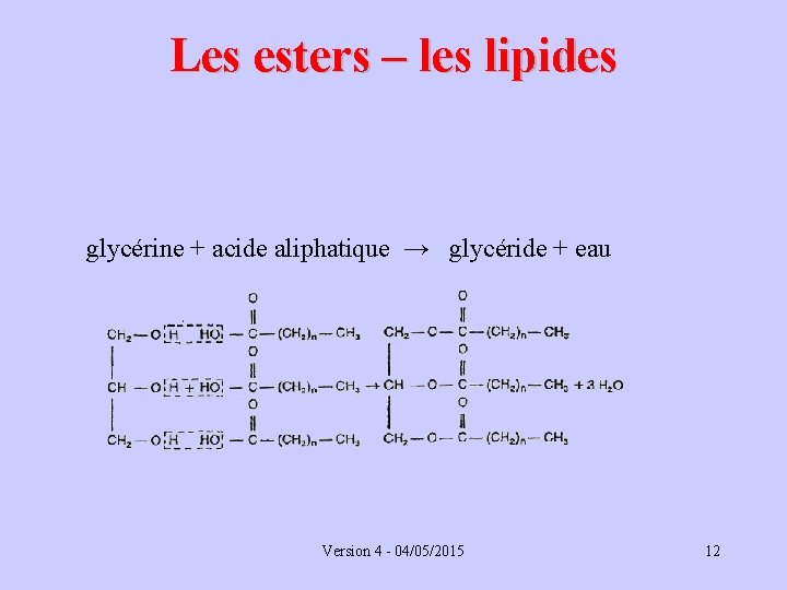 Les esters – les lipides glycérine + acide aliphatique → glycéride + eau Version