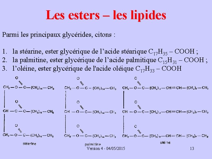 Les esters – les lipides Parmi les principaux glycérides, citons : 1. la stéarine,