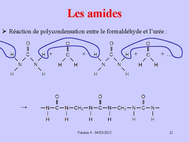 Les amides Ø Réaction de polycondensation entre le formaldéhyde et l’urée : + +