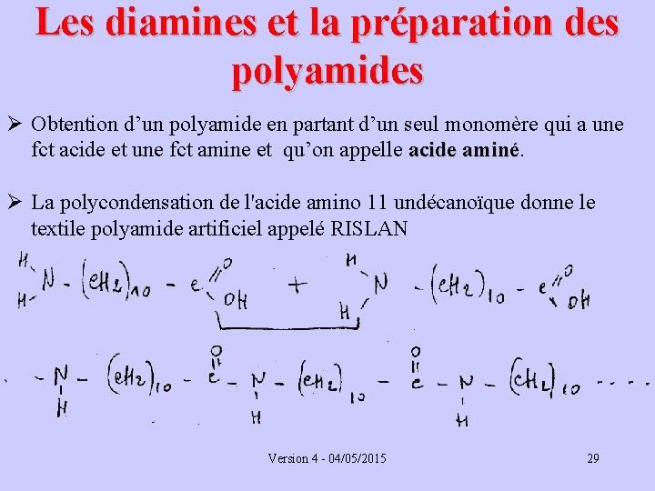 Les diamines et la préparation des polyamides Ø Obtention d’un polyamide en partant d’un