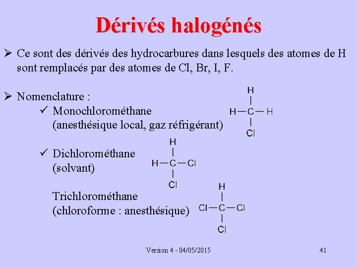 Dérivés halogénés Ø Ce sont des dérivés des hydrocarbures dans lesquels des atomes de