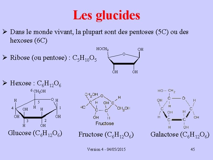 Les glucides Ø Dans le monde vivant, la plupart sont des pentoses (5 C)