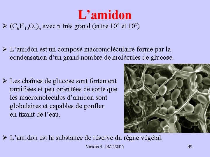 L’amidon Ø (C 6 H 10 O 5)n avec n très grand (entre 104