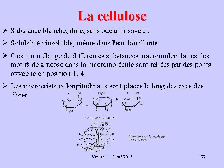 La cellulose Ø Substance blanche, dure, sans odeur ni saveur. Ø Solubilité : insoluble,
