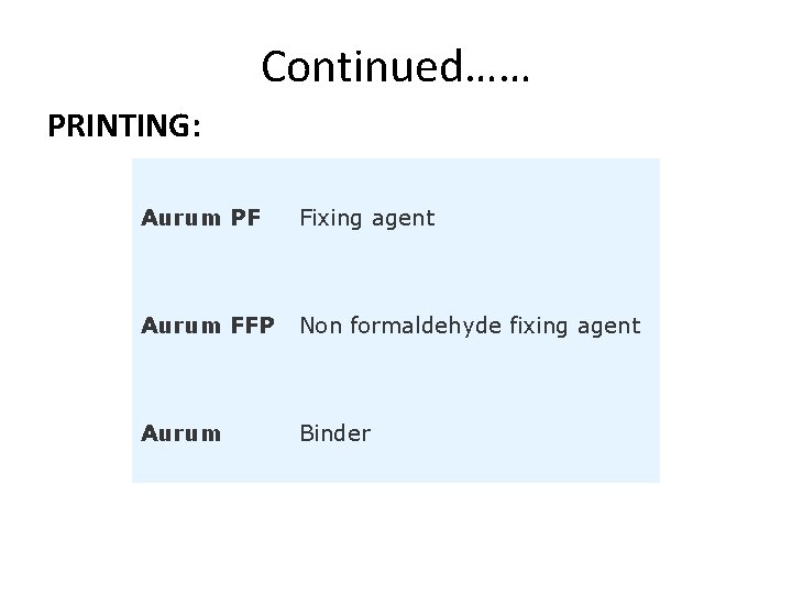 Continued…… PRINTING: Aurum PF Fixing agent Aurum FFP Non formaldehyde fixing agent Aurum Binder