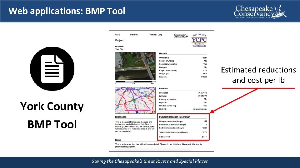 Web applications: BMP Tool Estimated reductions and cost per lb York County BMP Tool