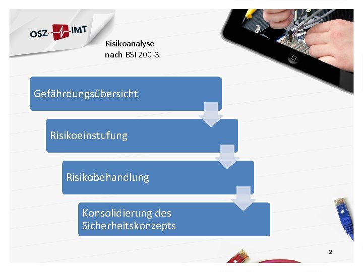 Risikoanalyse nach BSI 200 -3 Gefährdungsübersicht Risikoeinstufung Risikobehandlung Konsolidierung des Sicherheitskonzepts 2 