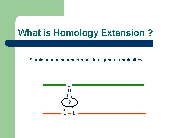 What is Homology Extension ? -Simple scoring schemes result in alignment ambiguities L ?