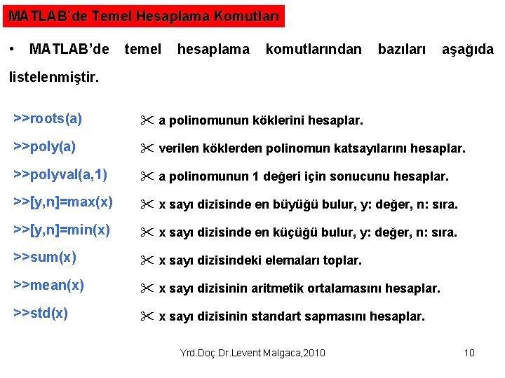 MATLAB’de Temel Hesaplama Komutları • MATLAB’de temel hesaplama komutlarından bazıları aşağıda listelenmiştir. >>roots(a) "