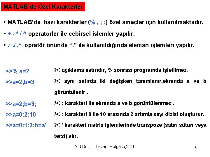 MATLAB’de Özel Karakterler • MATLAB’de bazı karakterler (% , ; : ) özel amaçlar