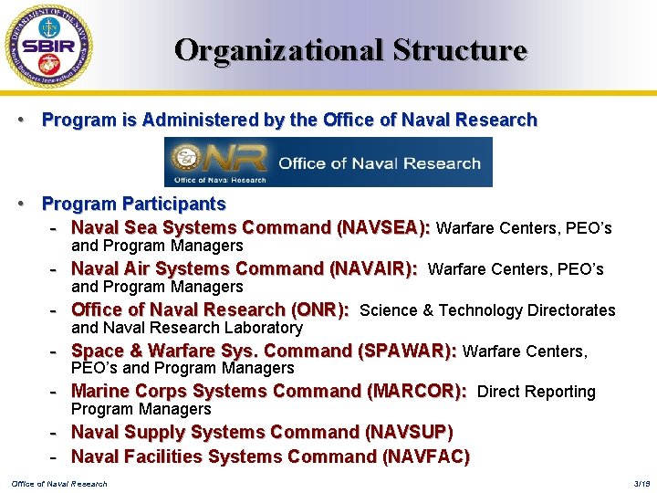 Organizational Structure • Program is Administered by the Office of Naval Research • Program