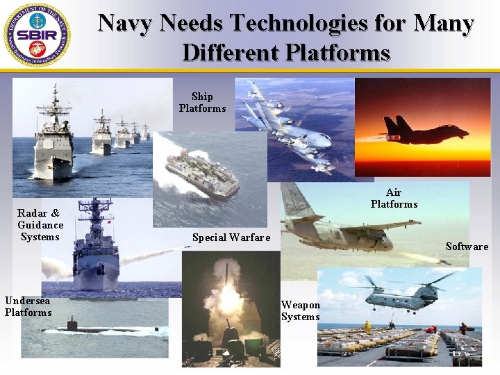 Navy Needs Technologies for Many Different Platforms Ship Platforms Radar & Guidance Systems Undersea