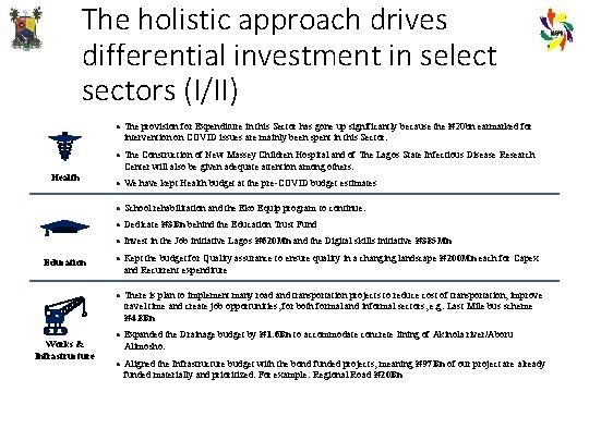 The holistic approach drives differential investment in select sectors (I/II) • The provision for