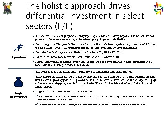 The holistic approach drives differential investment in select sectors (II/II) • The State will