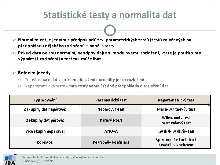 Statistické testy a normalita dat Normalita dat je jedním z předpokladů tzv. parametrických testů