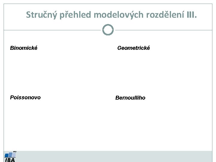 Stručný přehled modelových rozdělení III. Binomické Poissonovo Geometrické Bernoulliho 