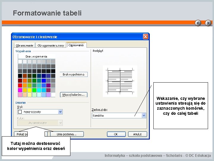 Formatowanie tabeli Wskazanie, czy wybrane ustawienia stosują się do zaznaczonych komórek, czy do całej