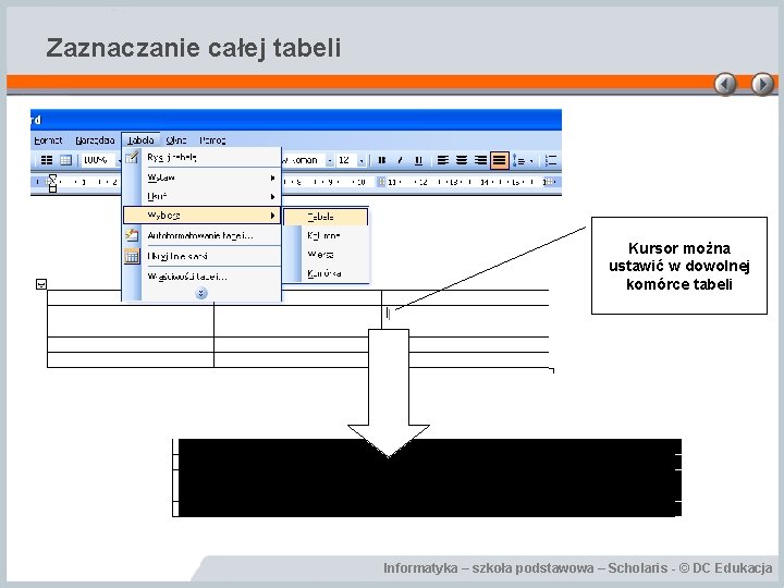 Zaznaczanie całej tabeli Kursor można ustawić w dowolnej komórce tabeli Informatyka – szkoła podstawowa