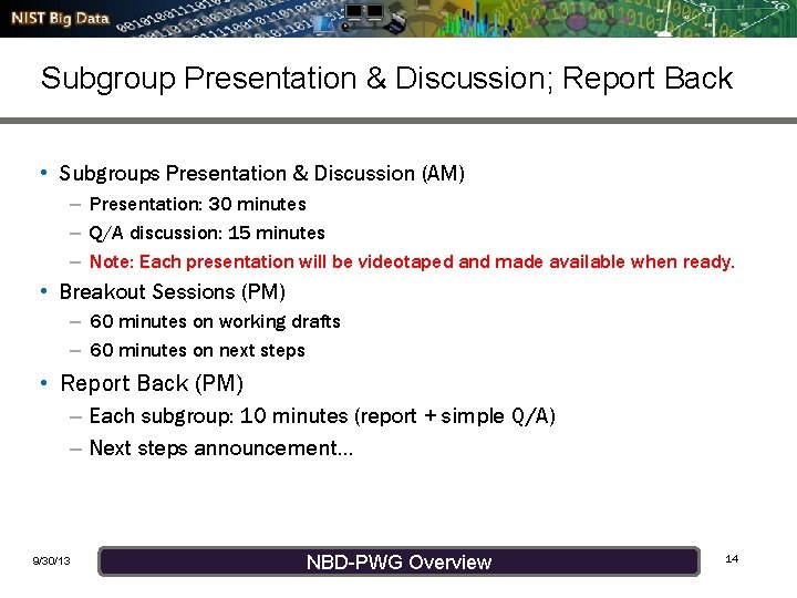 Subgroup Presentation & Discussion; Report Back • Subgroups Presentation & Discussion (AM) – Presentation:
