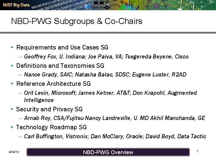 NBD-PWG Subgroups & Co-Chairs • Requirements and Use Cases SG – Geoffrey Fox, U.