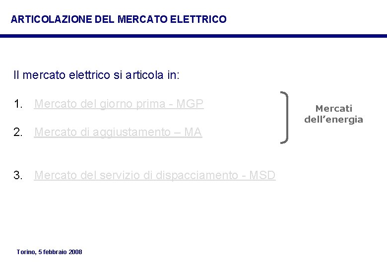 ARTICOLAZIONE DEL MERCATO ELETTRICO Il mercato elettrico si articola in: 1. Mercato del giorno ARTICOLAZIONE DEL MERCATO ELETTRICO Il mercato elettrico si articola in: 1. Mercato del giorno