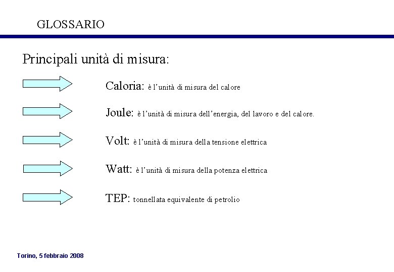 GLOSSARIO Principali unità di misura: Caloria: è l’unità di misura del calore Joule: è GLOSSARIO Principali unità di misura: Caloria: è l’unità di misura del calore Joule: è